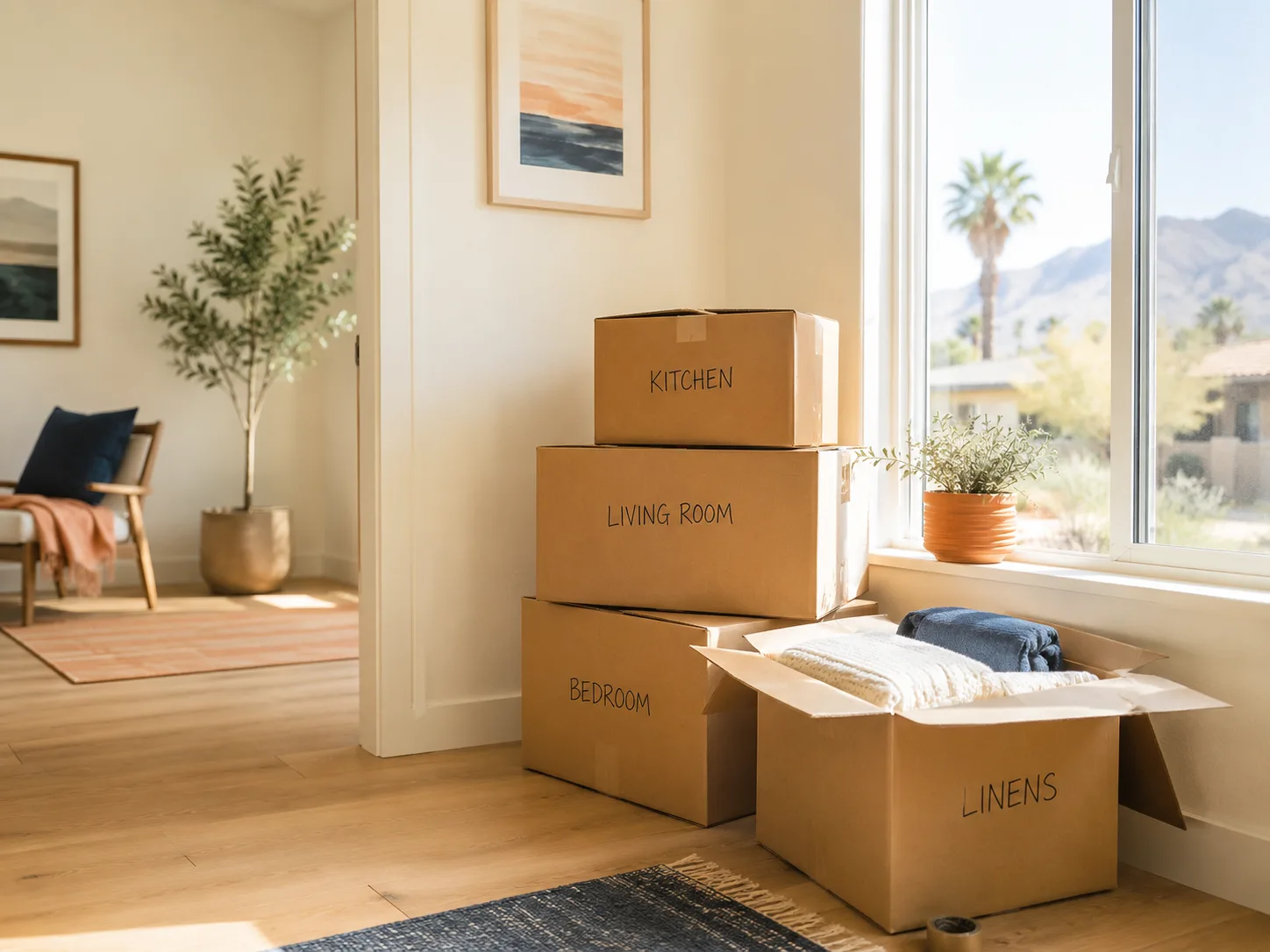 A settled, organized living room after moving day
